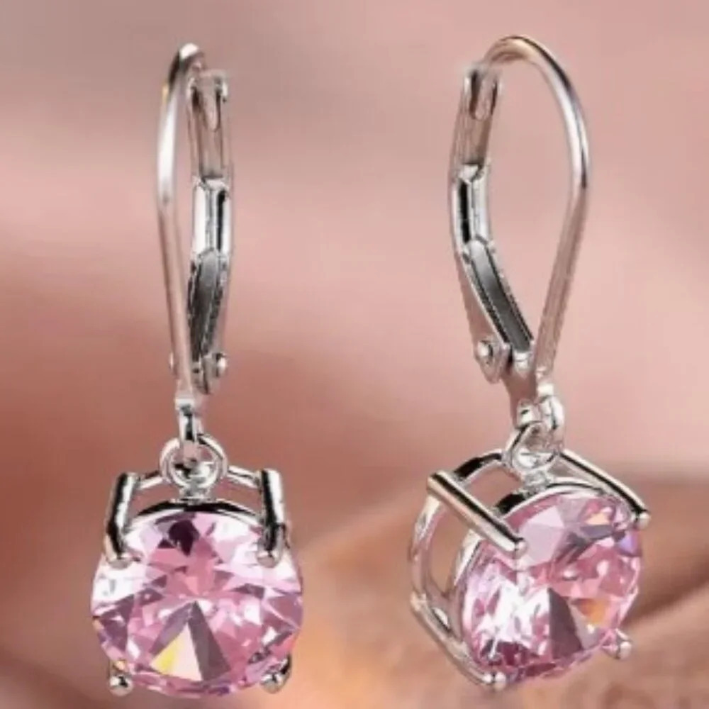 Sterling 925 Silver Plated, Pink Zircon Round Dangle Earrings - Hypoallergenic